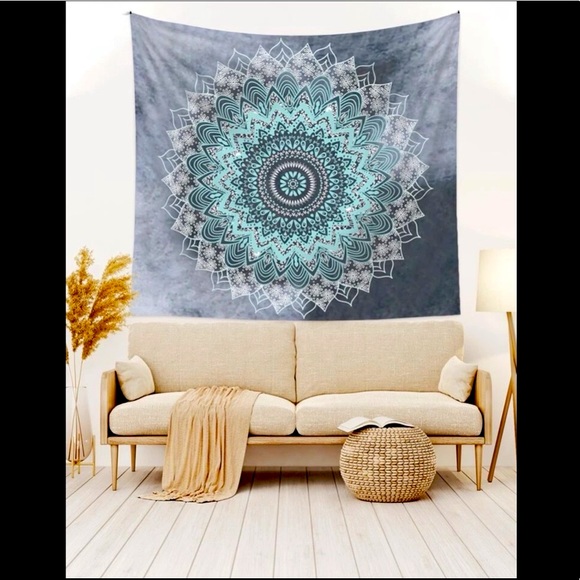 Boho Mandala Grey and Blue Geometric Tapestry Wall Hanging - Picture 4 of 5